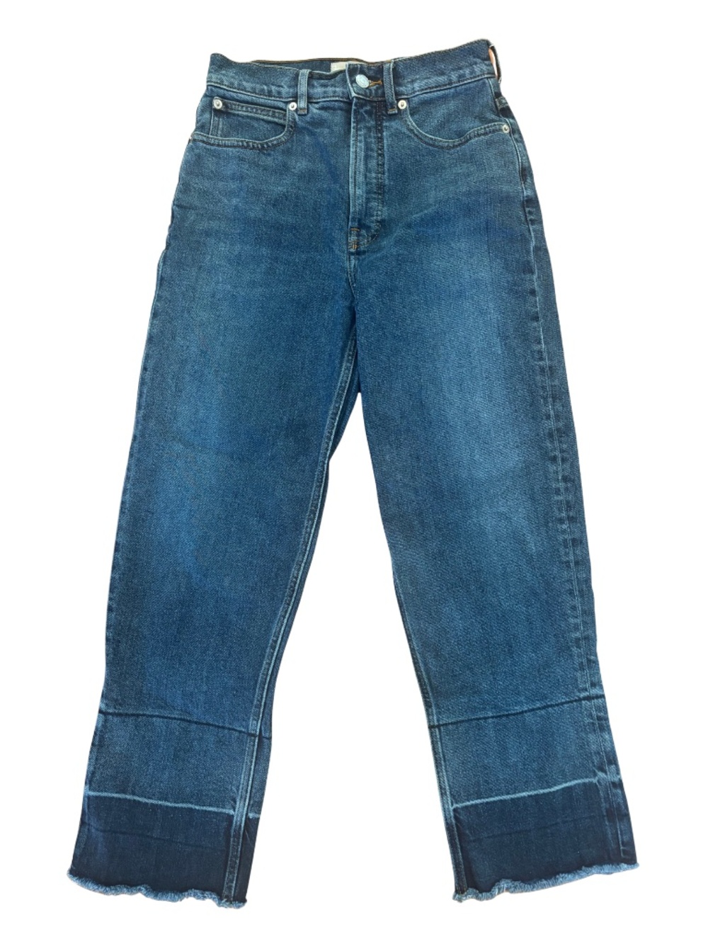 Everlane Way-High Straight Jean 2 Tone Raw Hem Release Cuff Size 26 Medium Wash
